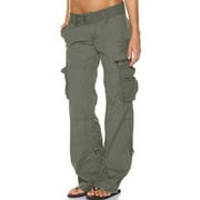 Women's Cargo Pants Button Elastic Waisted Wide Leg Lounge Pants Solid Color Straight Leg Capris Plus Size Hiking Pants with Flap Pockets